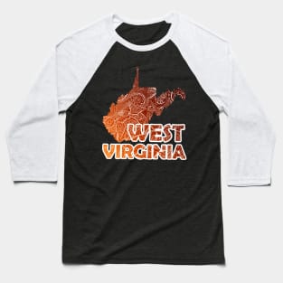 Colorful mandala art map of West Virginia with text in brown and orange Baseball T-Shirt